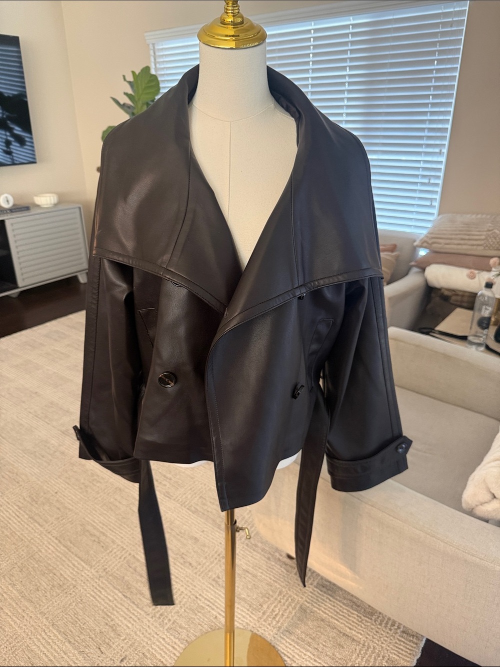 Mango Black Faux Leather Wrap Trench Jacket